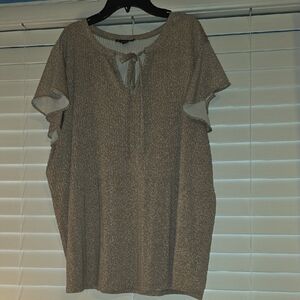 +Adrianna Papell Taupe Polka-Dot Tie-Neck Blouse